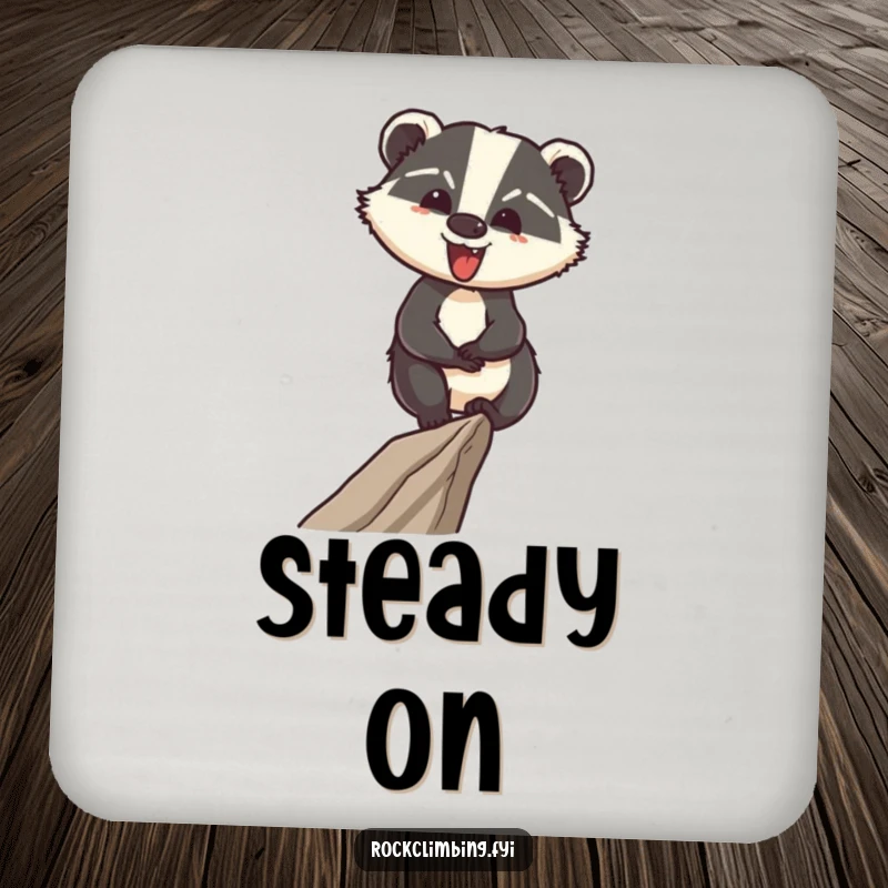 Funny drink coaster featuring a cheerful badger expertly navigating a narrow ledge, protecting surfaces with humor.