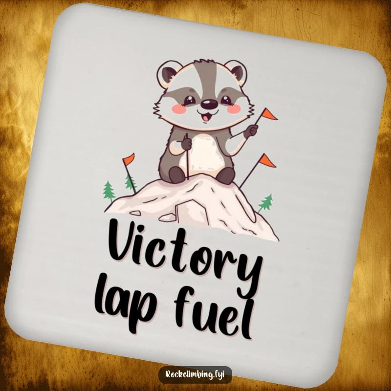 Funny badger coaster depicting a badger planting flags on a mountain summit, adding humorous protection.