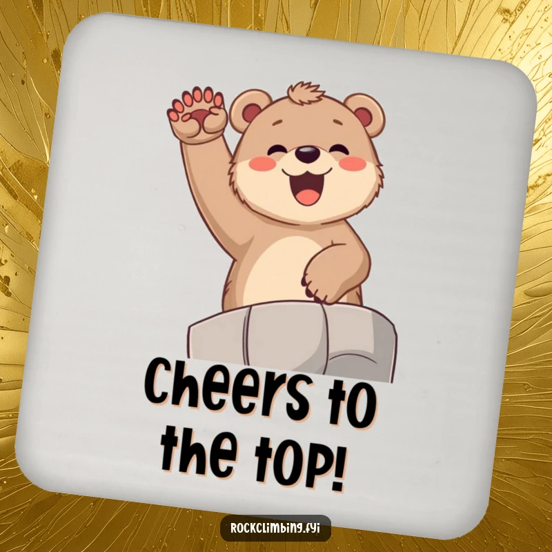 Funny bear cub coaster, showing a joyful cub exuberantly cheering from a high ledge with paws raised, adding humorous protection.