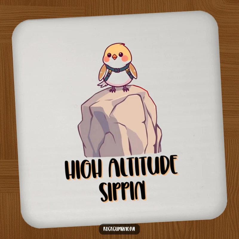 Funny bird harness coaster showing a small bird in a harness, perched on a high rock. Protects surfaces with humor.
