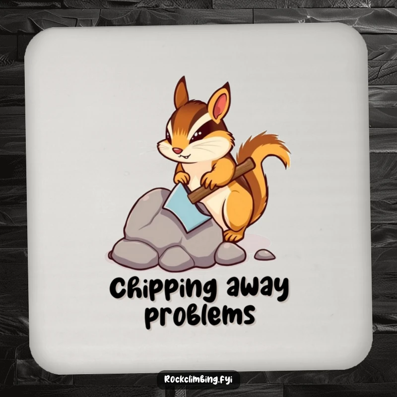 Funny drink coaster with a determined chipmunk chipping away at a rock, bringing a humorous element of mining to table settings.