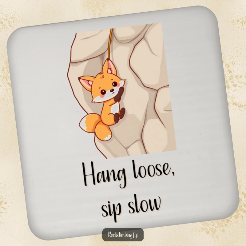 Funny fox dangling from a rock face on protective coasters, perfect for tables and adding playful humor.
