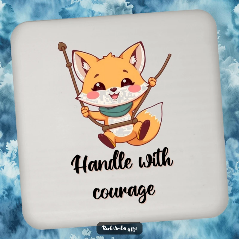 Funny fox coaster depicting a smiling fox swinging from a rope, adding a humorous and protective touch.