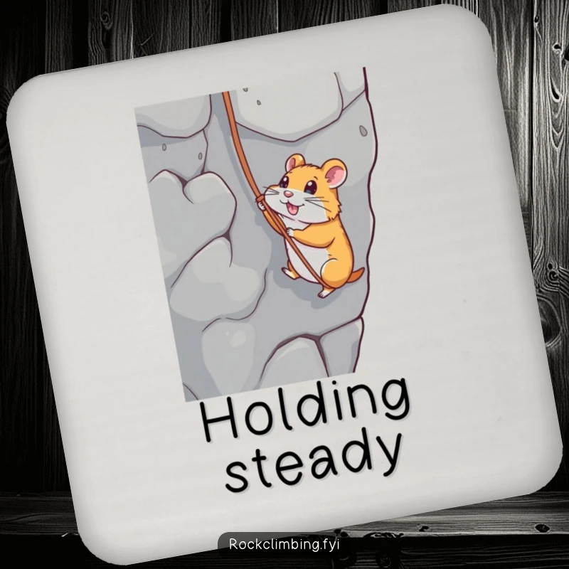 Funny drink coasters featuring a hamster rappelling down a rock face, adding a humorous and protective element to tables.