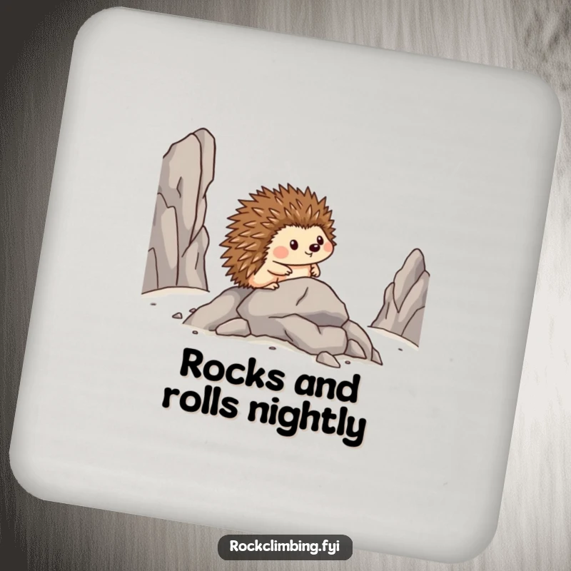 Funny drink coaster with a brave hedgehog inching sideways on rocks, looking pleased, ideal for preventing spills.
