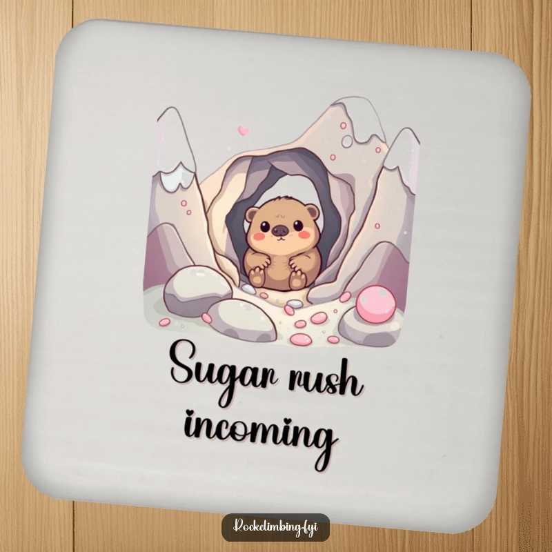 Funny drink coaster with a curious mole peeking from a hole in a candy mountain, a humorous and practical addition to any table.