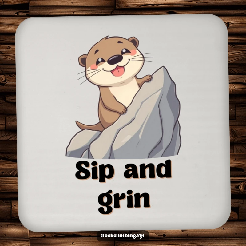 Funny Otter Coaster: A cheerful otter with a determined grin scales a rock, guarding your table with adventurous flair.