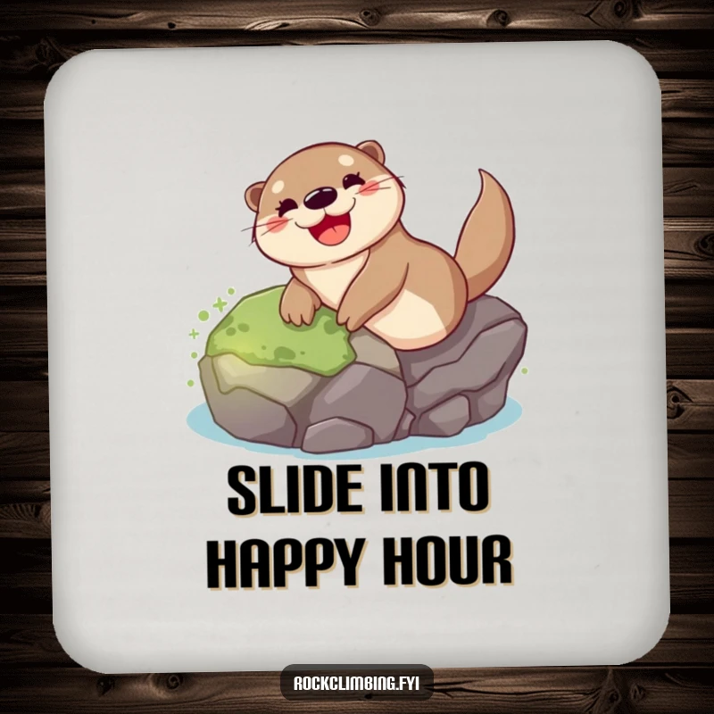 Funny otter drink coaster featuring a smiling otter gleefully sliding down a mossy rock, adding a humorous touch to any table.
