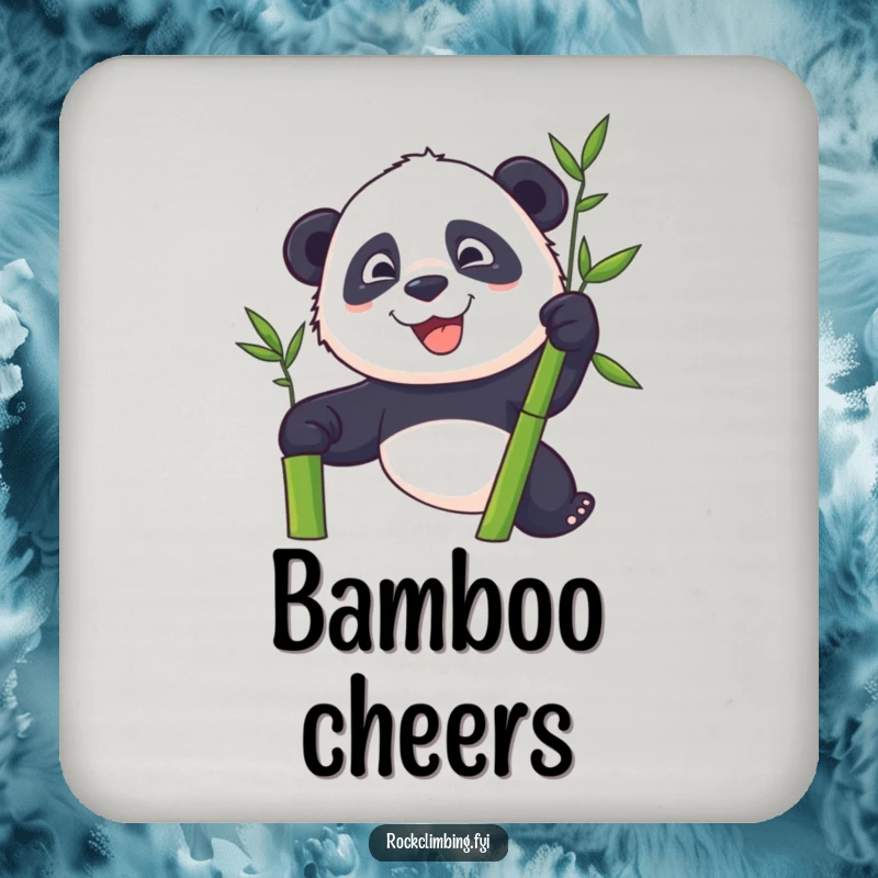 Funny panda with a determined grin climbing a bamboo stalk on a set of drink coasters.