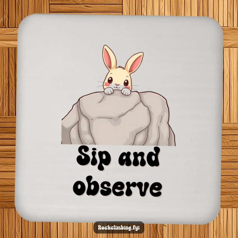 Funny drink coaster with a curious rabbit peeking over a rocky outcrop, adding a touch of nature's charm to any surface.