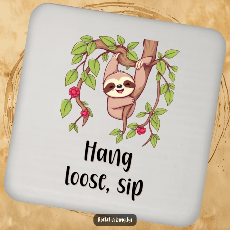 Cheerful sloth happily dangling from a thick vine on a set of drink coasters.