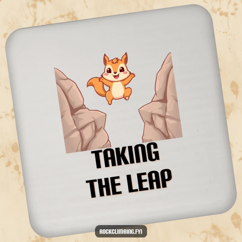 Funny squirrel coaster depicting a squirrel leaping across ledges, adding humorous protection to drink surfaces.