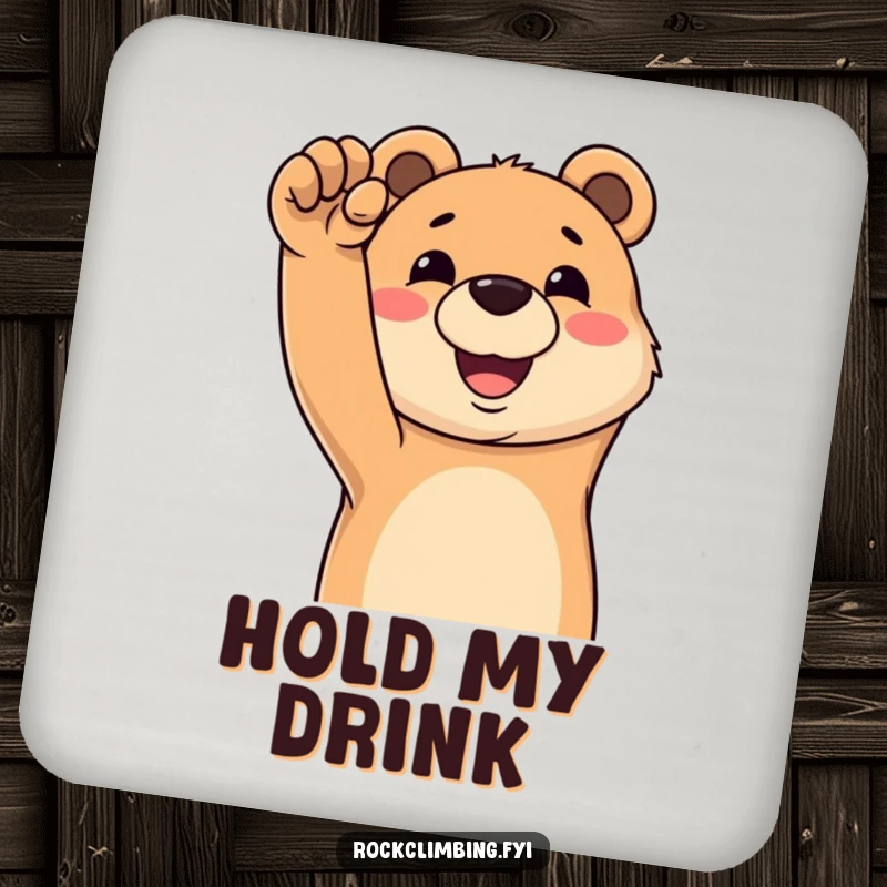 Funny drink coasters adorned with a happy bear grinning while reaching for a challenging climbing hold, adding cheer to your table.