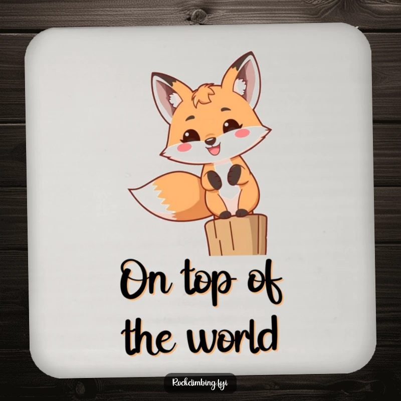 Funny Fox Coaster with a cheerful fox sporting a wide toothy grin, perched high, safeguarding surfaces with humor.