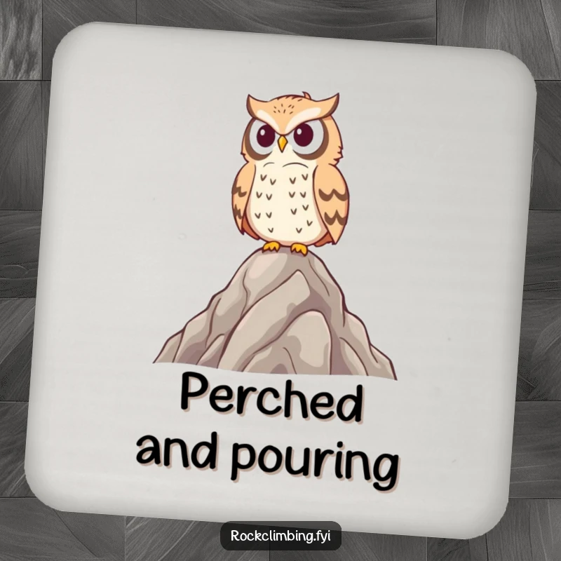 Funny owl coaster showing a proud bird on a rocky peak, adding a humorous and protective touch to any table setting.