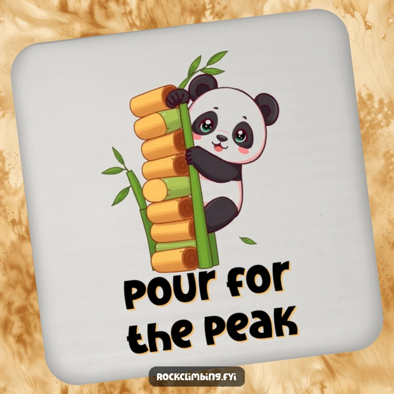 Funny panda climbing a tall stack of bamboo stalks on protective coasters, perfect for tables and adding motivational humor.