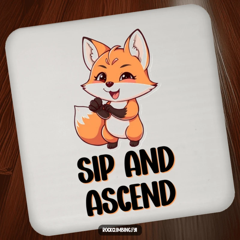 Funny charming fox reaching for a difficult handhold with intense focus and joy, embodying focus, a practical funny coaster.