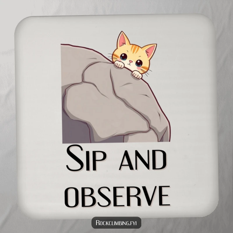 Funny curious cat peering over a massive boulder edge, whiskers twitching, looking intrigued, a practical funny coaster.