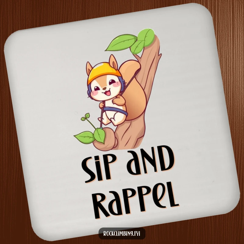 Funny squirrel rappelling graphic on protective coasters, perfect for drink surfaces and adding a humorous, daring touch.