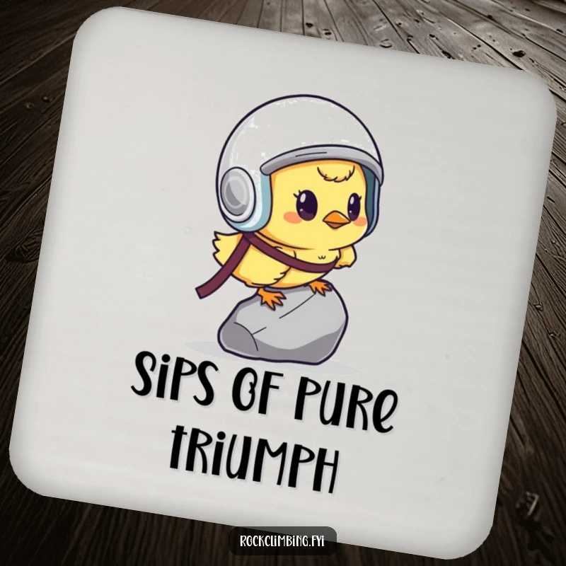 Funny determined chick with helmet, scaling a tiny pebble, on a coaster for surfaces.