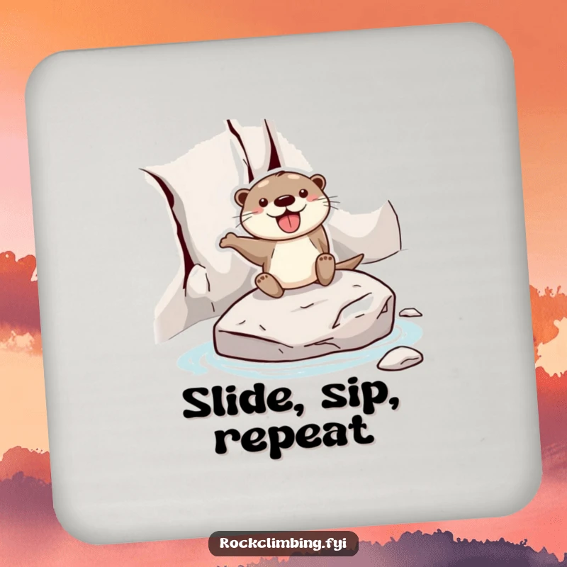 Funny otter coaster featuring a joyful otter sliding down a rock face on a stone, a humorous coaster for drinks and surface protection.
