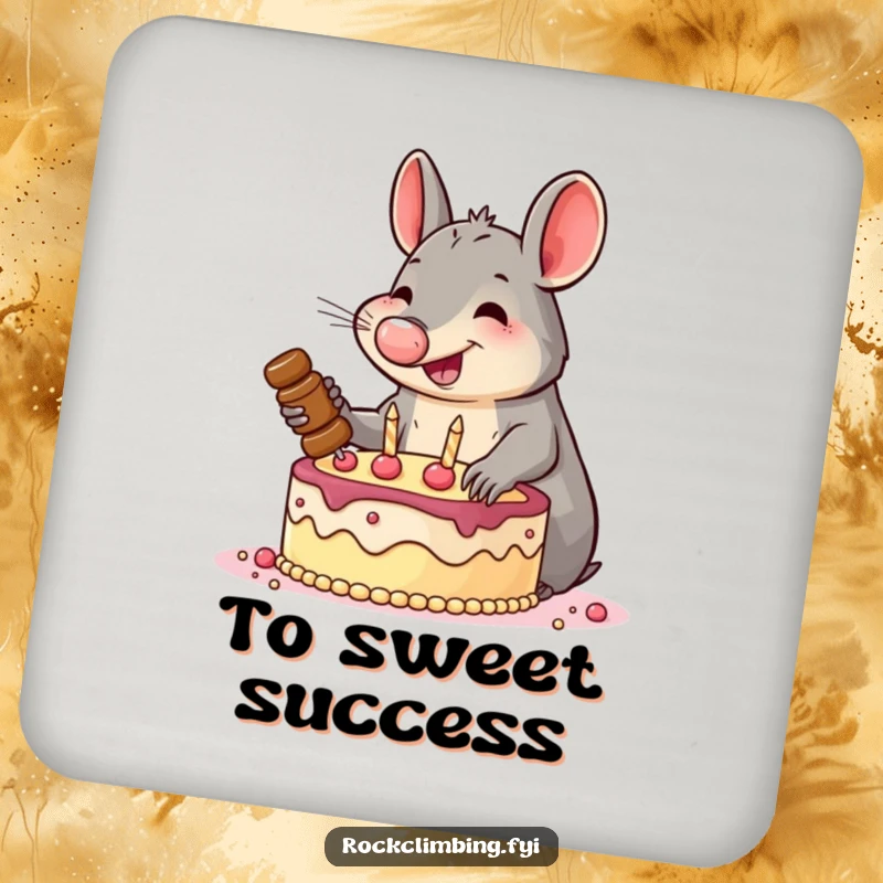 Funny drink coaster with a smiling aardvark enthusiastically hammering pitons into a cake, a humorous and practical addition to any table.