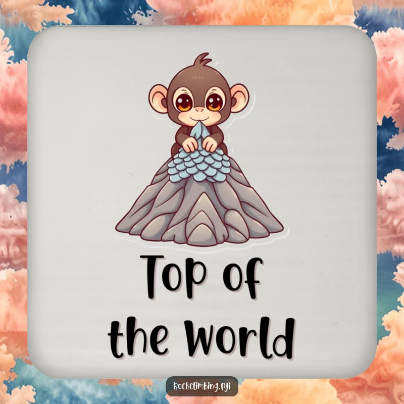 Funny Drink Coaster with a cute monkey scaling a miniature mountain peak, a humorous and protective accessory.
