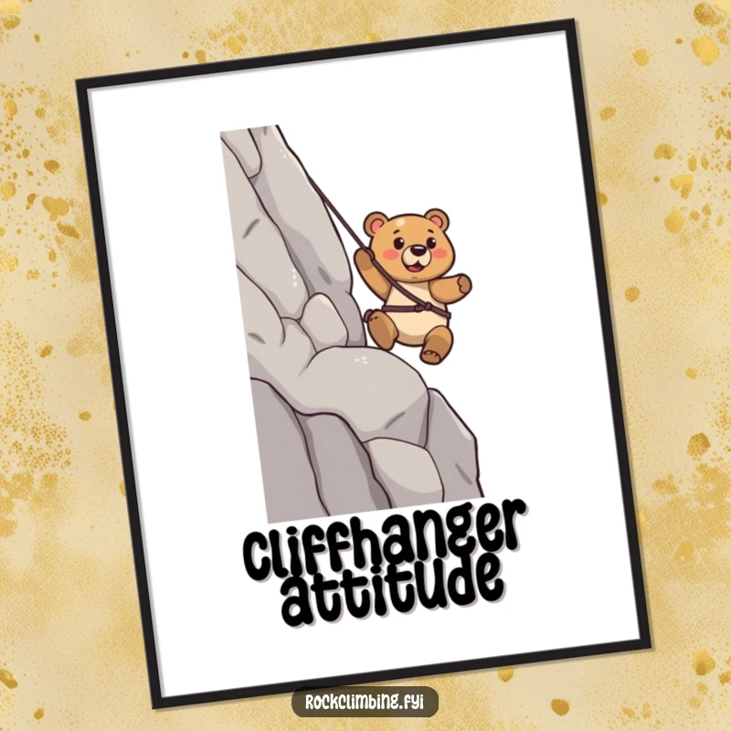 Funny Bear Poster: A determined bear rappels down a cliff with unwavering confidence, embodying the spirit of adventure.