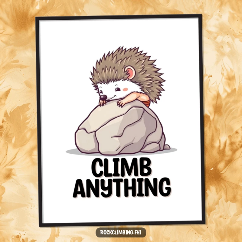 Tiny hedgehog with suction cups climbing a smooth boulder, printed as humorous wall art.