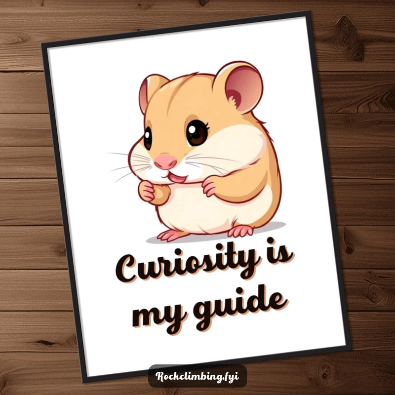 Funny curious hamster poster art of a bright-eyed rodent inspecting tiny handholds, symbolizing ambition and a humorous spirit.