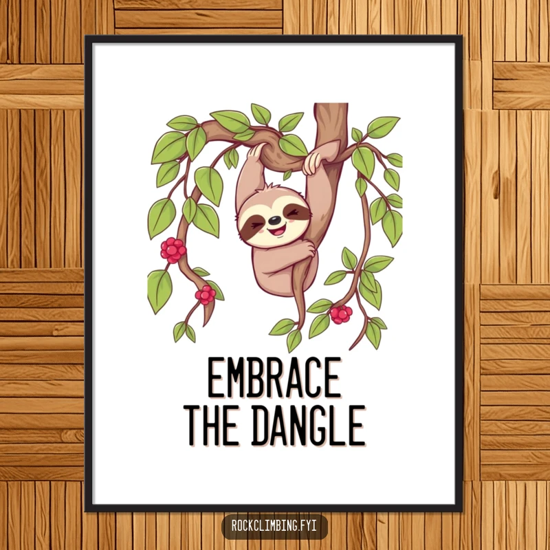 Cheerful sloth happily dangling from a thick vine, printed as humorous wall art.