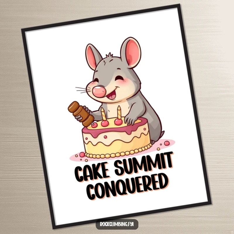 Funny poster of a smiling aardvark enthusiastically hammering pitons into a cake, a humorous and motivational piece of wall art.