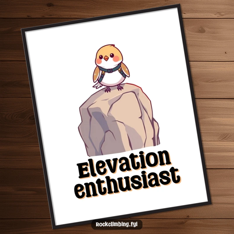 Funny bird harness poster of a small bird in a harness, perched precariously on a high rock. Humorous wall art and gift.