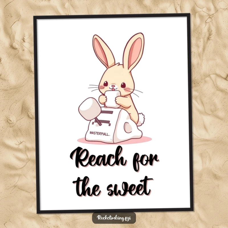 Funny bunny poster showing a cute bunny using a marshmallow to ascend, a charming piece of humorous artwork.