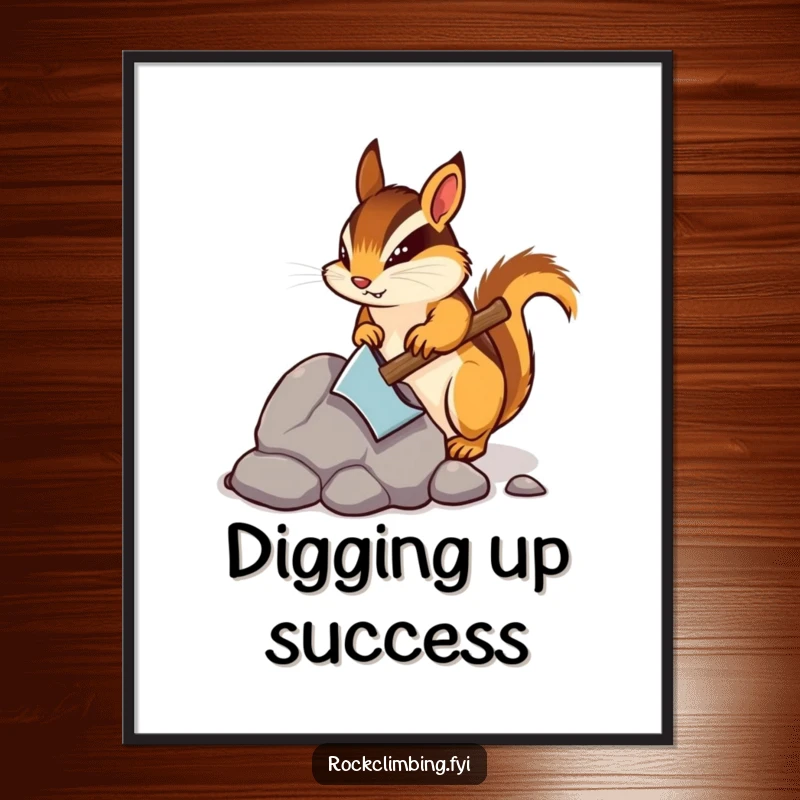 Funny poster of a determined chipmunk diligently chipping away at a rock with a small pickaxe, conveying a humorous work ethic.