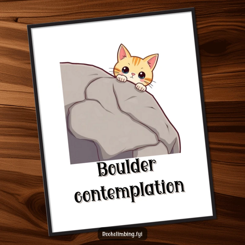 Funny curious cat peering over a massive boulder edge, whiskers twitching, looking intrigued, humorous wall art.