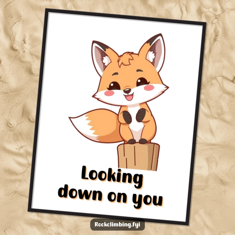 Funny Fox Poster depicting a cheerful fox with an enormous toothy grin, perched high, radiating amusement and woodland charm.