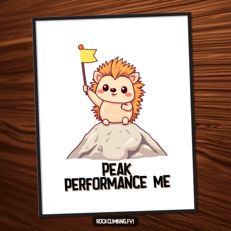 Funny Poster art of a triumphant hedgehog holding a miniature flag aloft at a mountain summit, symbolizing achievement and happiness.