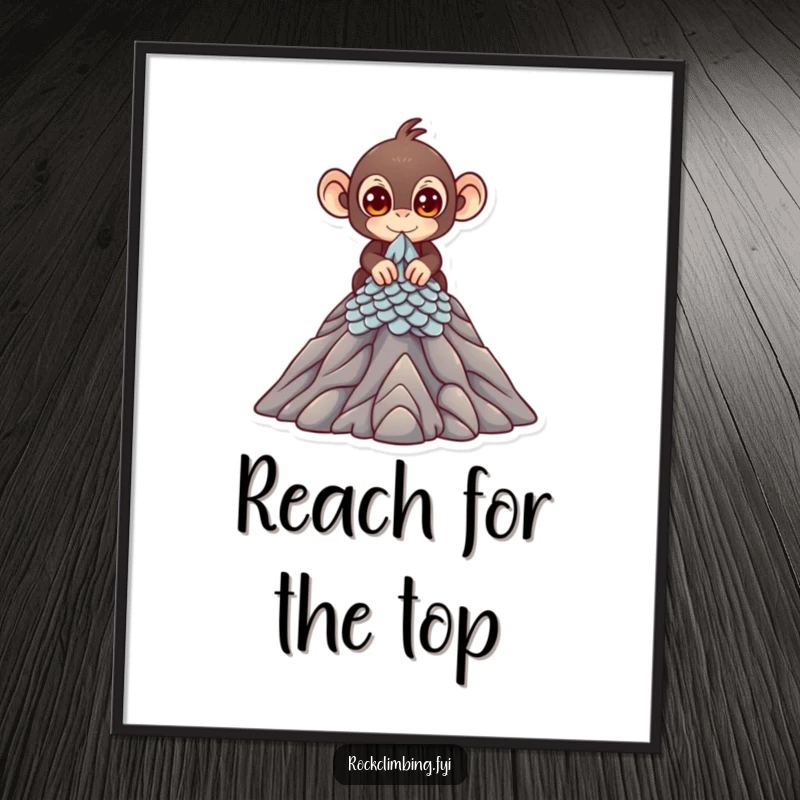 Funny Poster print of a cute monkey with bright eyes scaling a miniature mountain peak, a humorous and inspiring artwork.