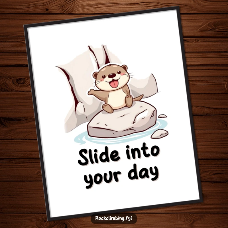 Funny otter poster depicting a joyful otter sliding down a rock face on a stone, a humorous piece celebrating pure fun.