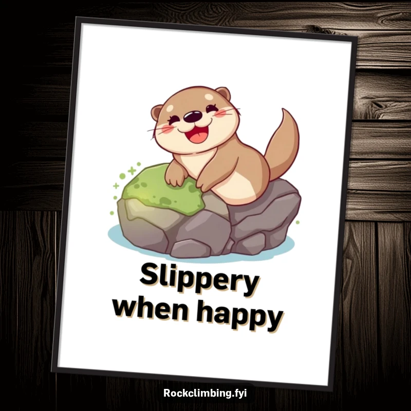 Funny otter poster showing a happy otter gleefully sliding down a mossy rock, a vibrant depiction of playful aquatic mammal joy.