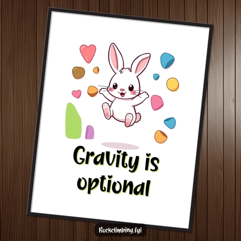 Funny rabbit poster capturing a lively bunny mid-leap between tiny, colorful climbing holds, symbolizing playful activity.