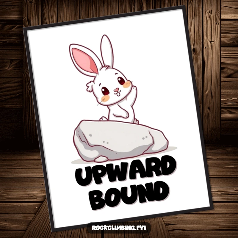 Funny poster depicting a curious rabbit reaching for a colorful handhold on a boulder, conveying ambition and a lighthearted mood.