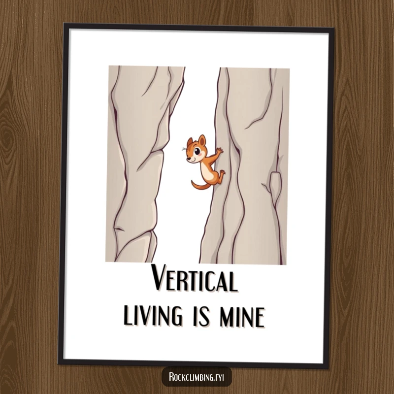 Funny squirrel poster, illustrating a determined squirrel heroically ascending a sheer cliff, capturing the essence of perseverance with charming humor.