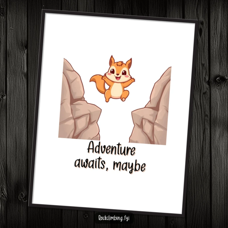 Funny squirrel poster capturing a dynamic squirrel mid-leap between high rocks, a humorous and artistic representation of courage.