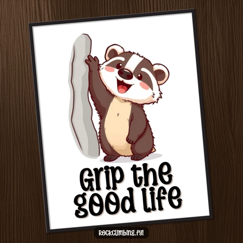 Funny badger using a piton to climb towards a high ledge on a vibrant poster, bringing adventurous humor indoors.