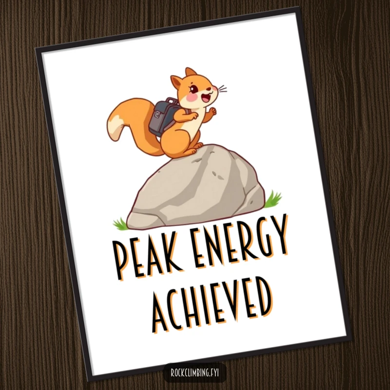 Funny joyful squirrel with a tiny backpack, climbing a large rock, perfect for humorous wall art.