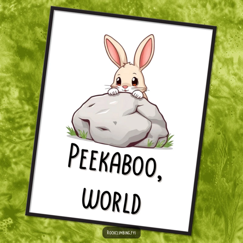 Funny Poster print of a curious rabbit with a determined look, peering over a massive boulder, perfect for adding humor to any wall.