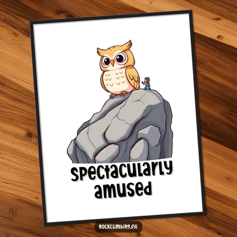 Funny wise owl perched on a rocky outcrop, observing a climber below with amusement, displayed as wall art.