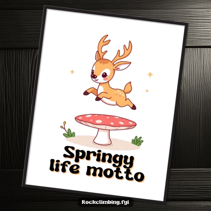 Funny poster, a deer joyfully bouncing off a mushroom like a trampoline, creating a humorous, action-packed woodland scene.
